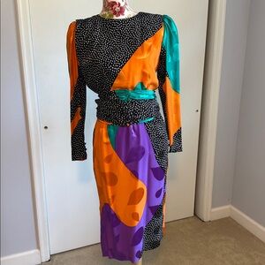 Vintage 80’s Saint Romei 100% SILK black, orange polka dot dress - 4
